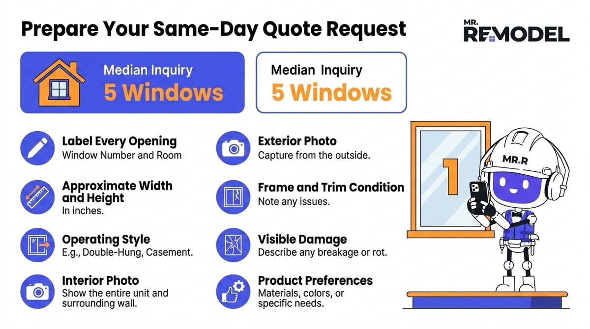 Same-day window quote checklist covering opening labels, approximate measurements, photographs, conditions, and product preferences.